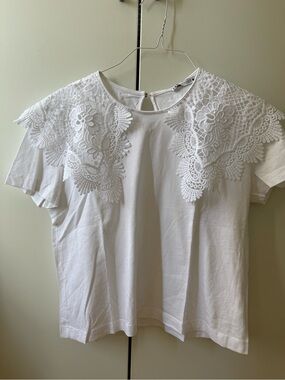 Zara White Lace Detail Top Size M Embroidered Crochet Tee